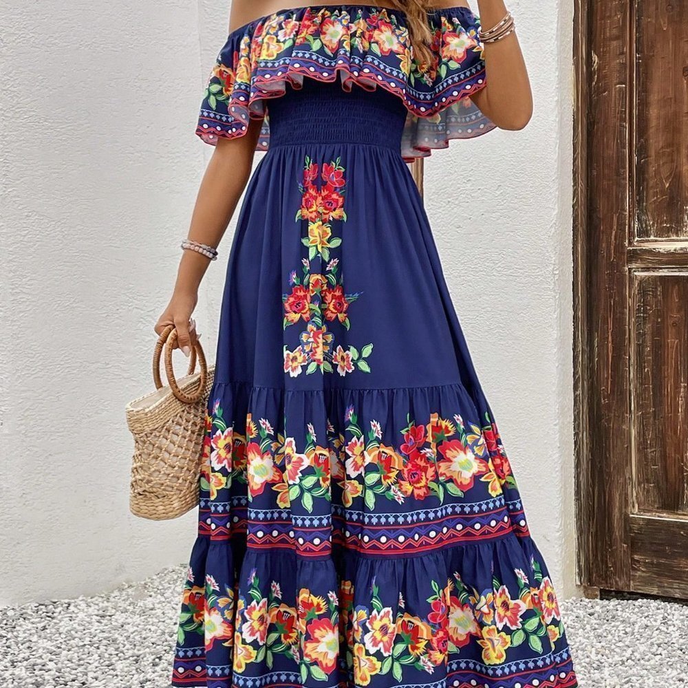 Blue Casual Womens Off-Shoulder Floral Printed Dress - Picture 2 of 5